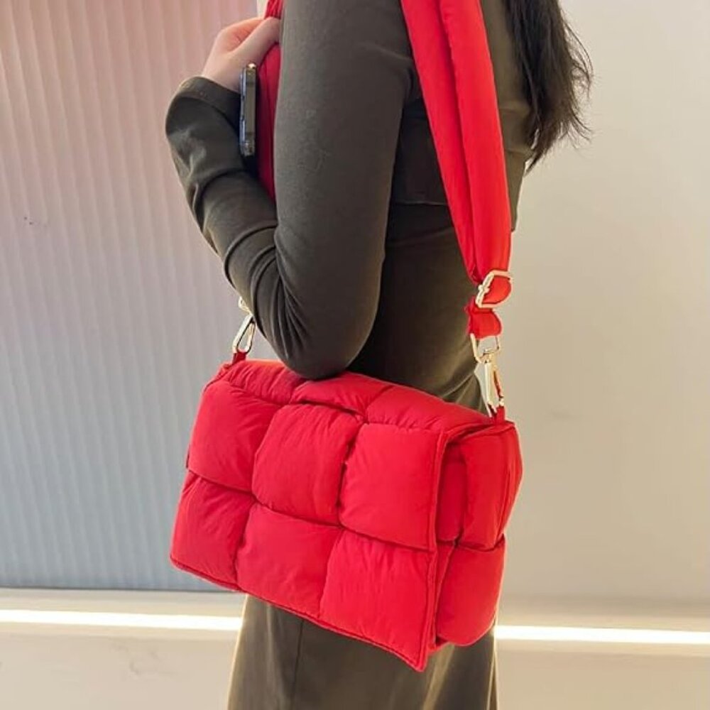 Neiman Marcus Woven Quilted Red Crossbody Purse - Picture 1 of 4